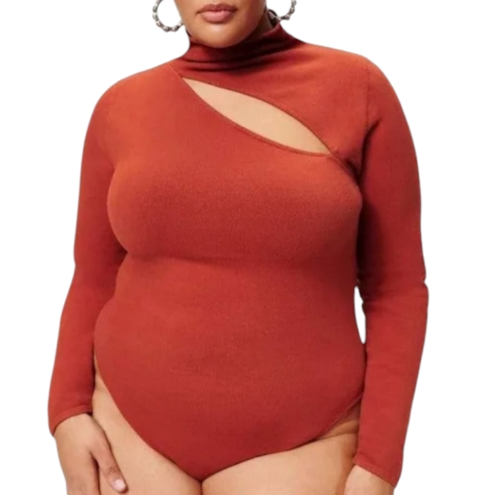 Good American Slit Shoulder Cut Out Longsleeve Bodysuit Sweater Thong SZ 8 Rust